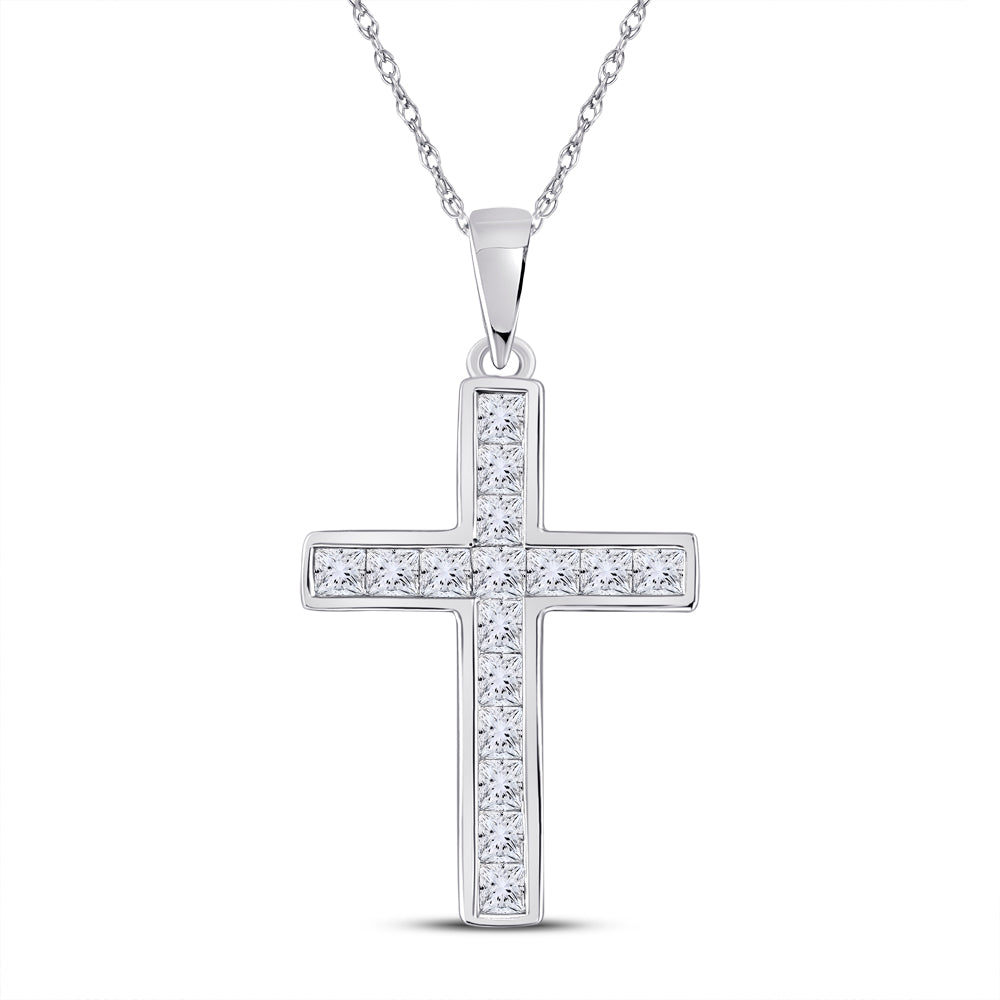 14kt White Gold Women's Princess Diamond Religious Cross Pendant 5/8 ctw - view 2