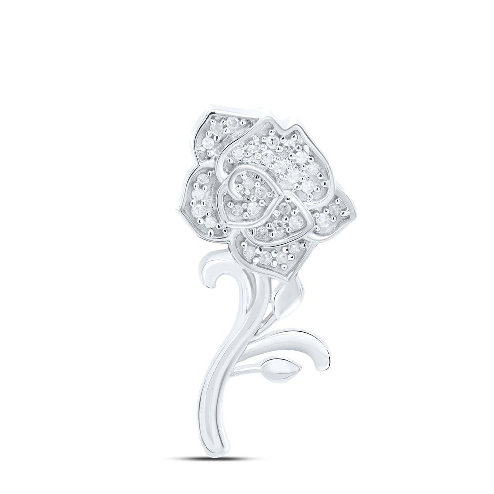 10kt White Gold Womens Round Diamond Rose Flower Pendant 1/10 Cttw