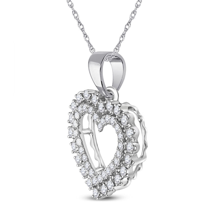 14kt White Gold Womens Round Diamond Double Outline Heart Pendant 3/8 Cttw