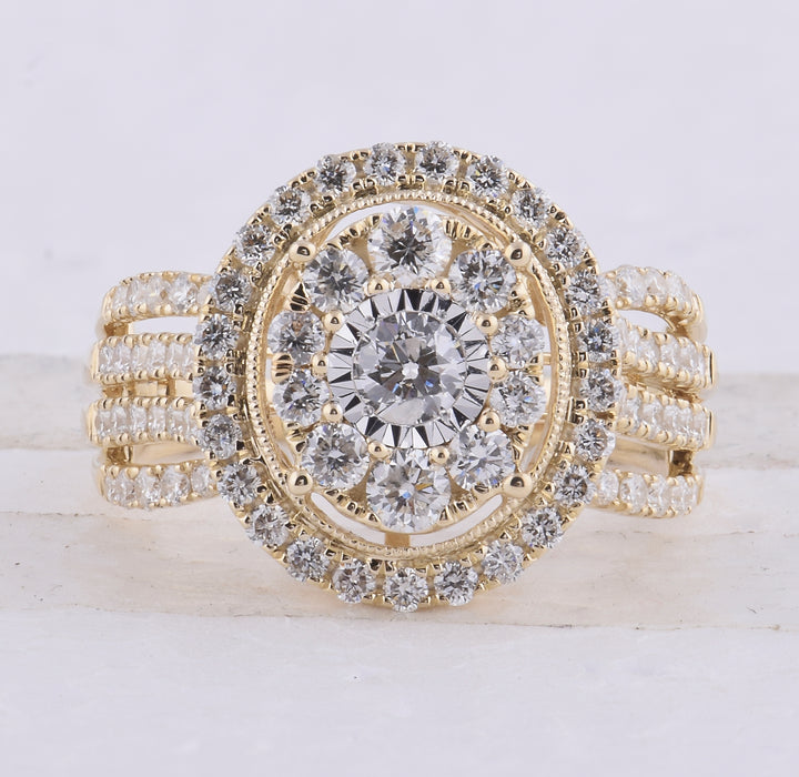 14kt Yellow Gold Womens Round Diamond Cluster Oval Bridal Wedding Engagement Ring 1-1/2 Cttw