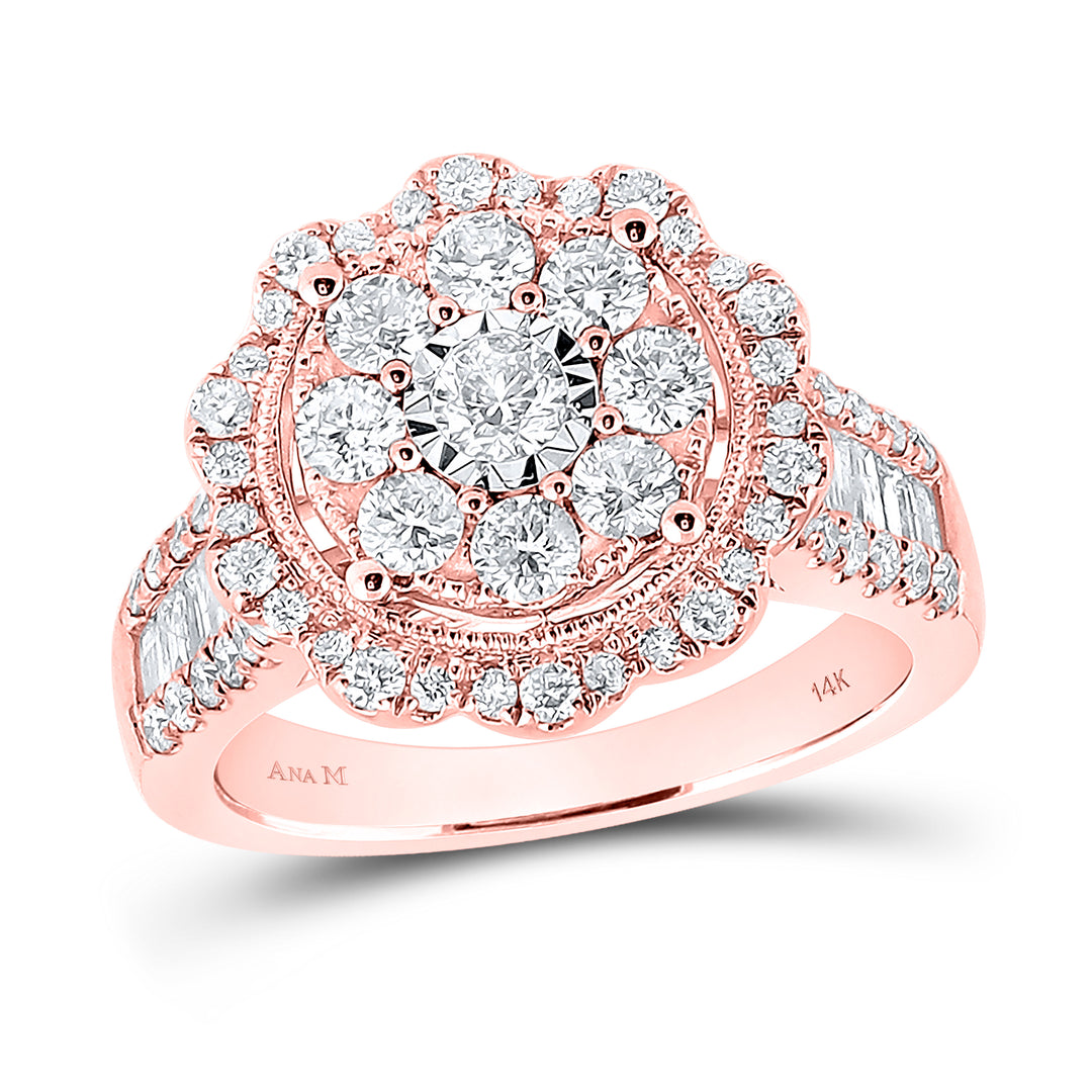 14kt Rose Gold Womens Round Diamond Floral Cluster Bridal Wedding Engagement Ring 1-5/8 Cttw