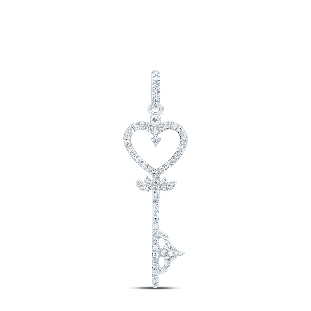 10kt White Gold Womens Round Diamond Key Heart Pendant 1/5 Cttw