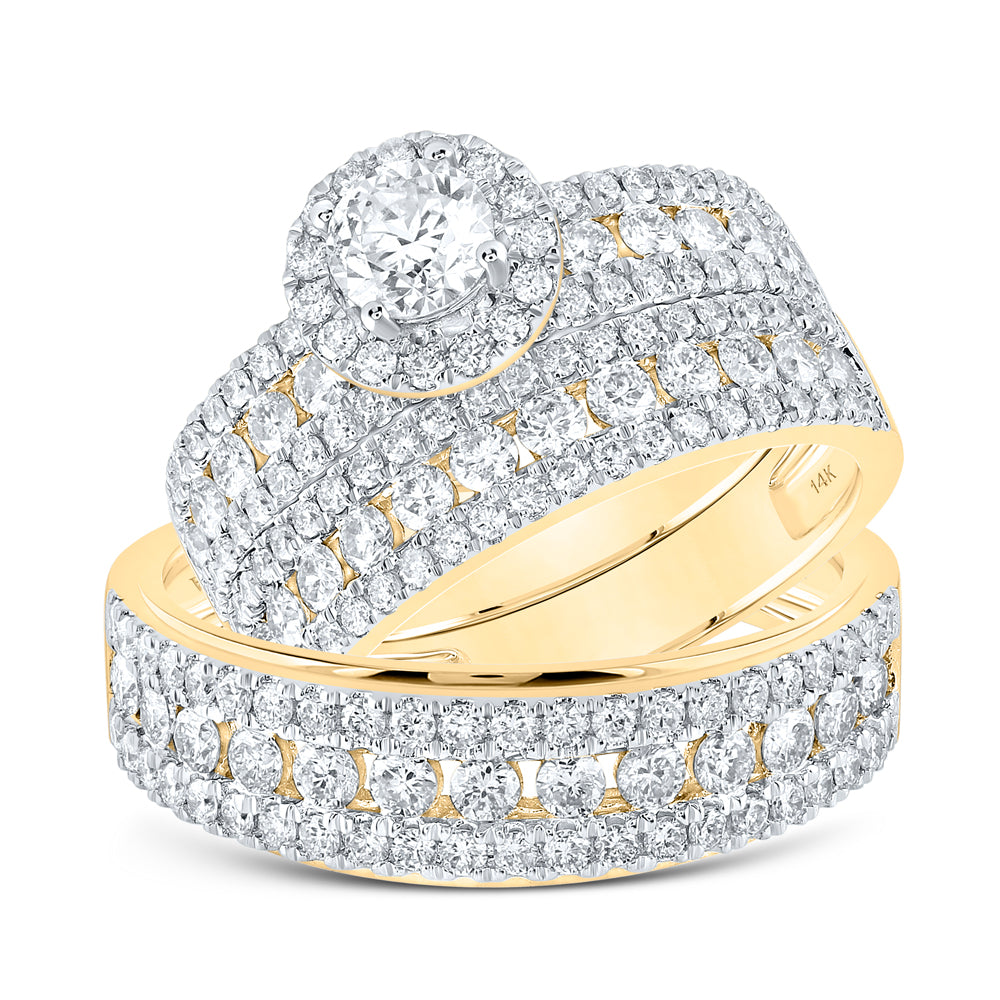 14kt Yellow Gold His Hers Round Diamond Halo Matching Bridal Wedding Ring Band Set 3.00 Cttw (Certified)