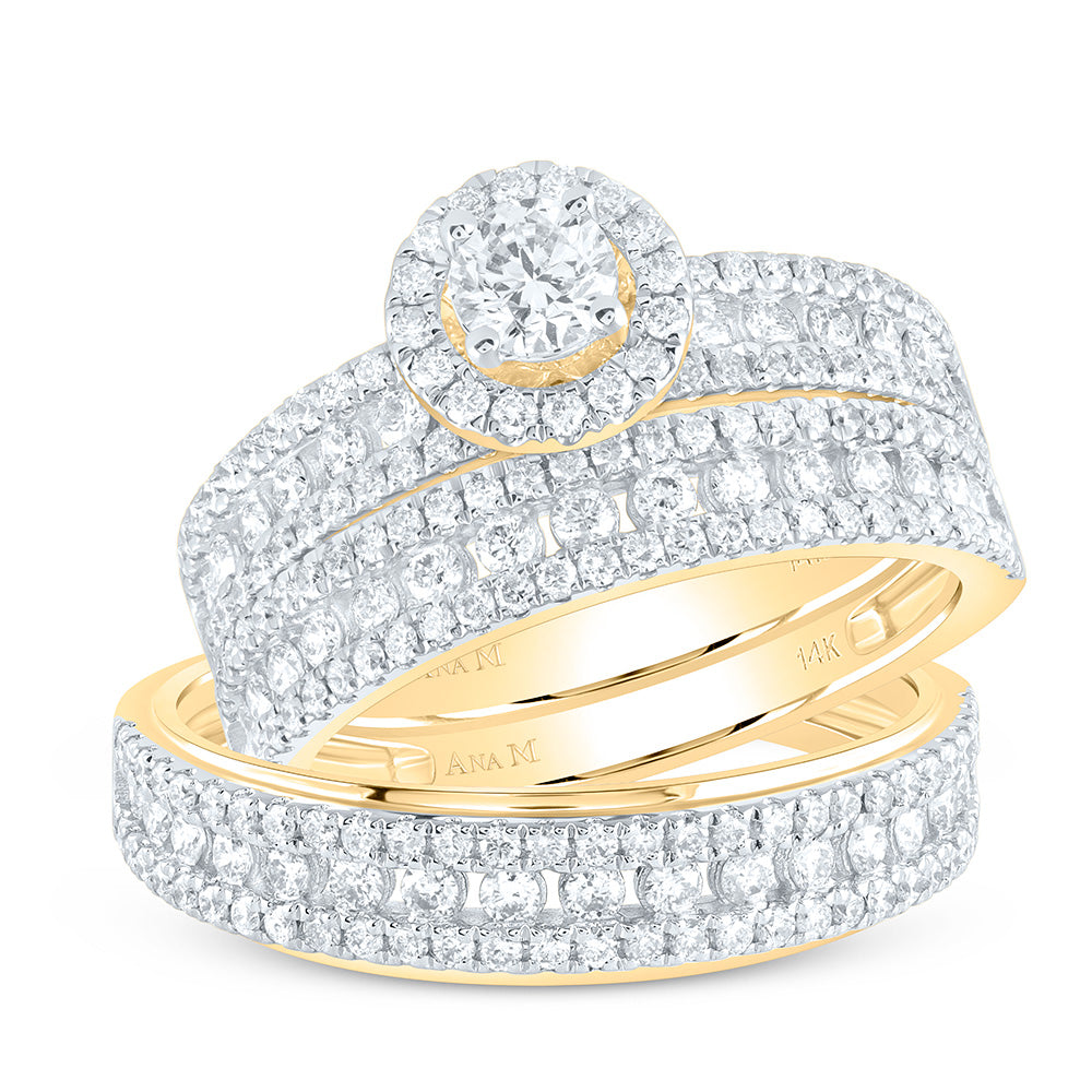 14kt Yellow Gold His Hers Round Diamond Halo Matching Bridal Wedding Ring Band Set 2.00 Cttw (Certified)