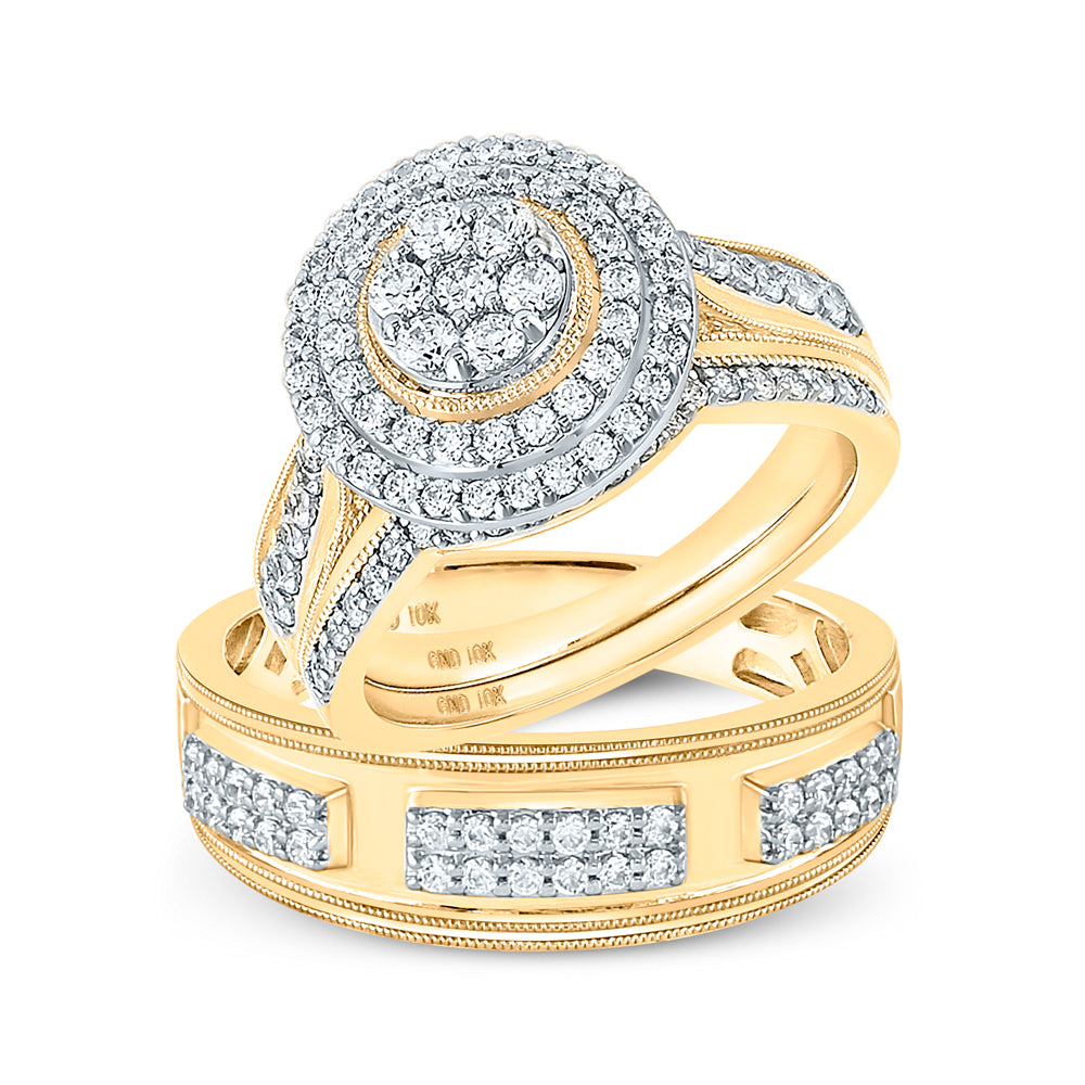 10kt Yellow Gold His Hers Round Diamond Cluster Matching Bridal Wedding Ring Band Set 1-1/4 Cttw