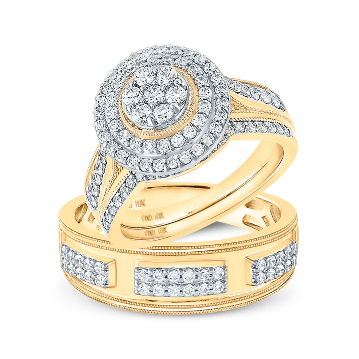 10kt Yellow Gold His Hers Round Diamond Cluster Matching Bridal Wedding Ring Band Set 1-1/4 Cttw