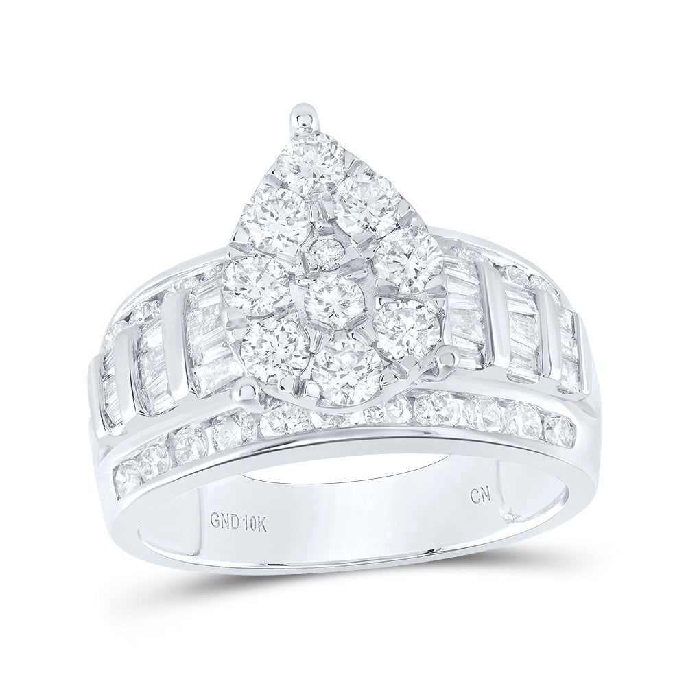 10kt White Gold Womens Baguette Diamond Cluster Pear Bridal Wedding Engagement Ring 2.00 Cttw