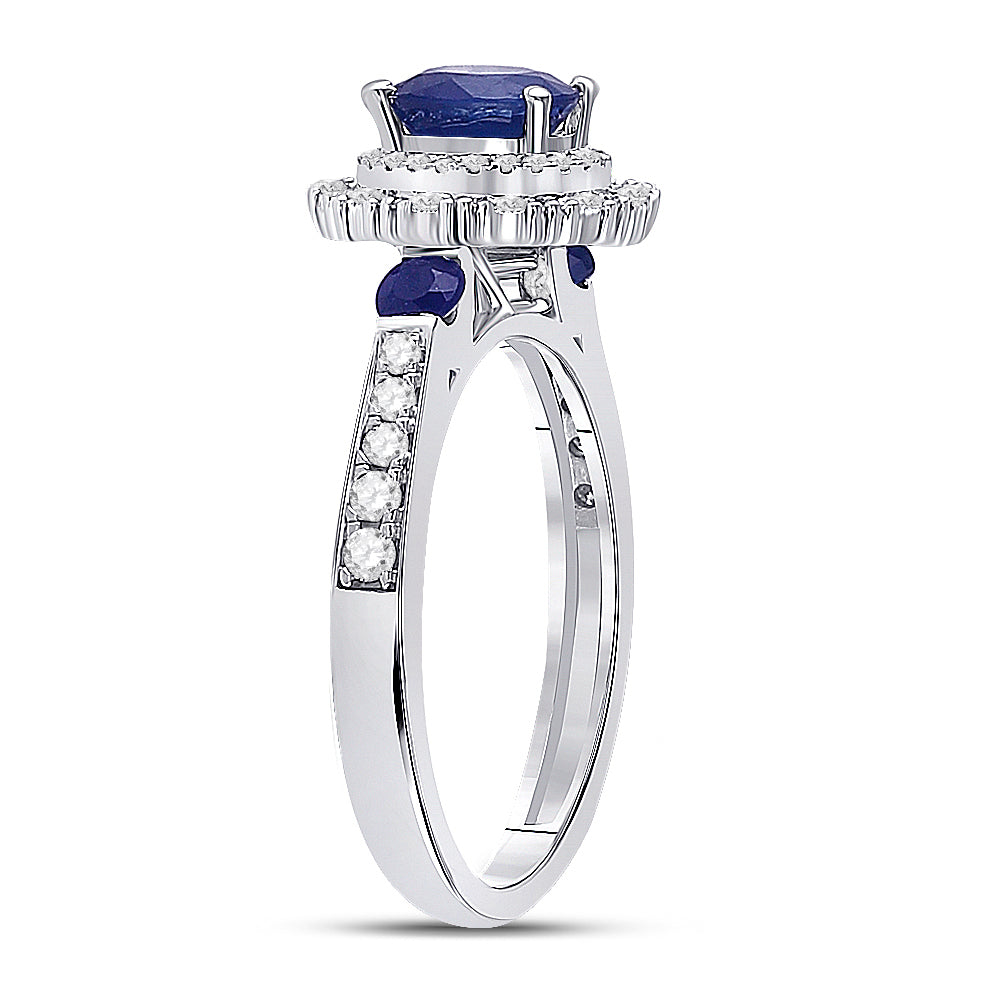 14kt White Gold Womens Round Blue Sapphire Halo Bridal Wedding Engagement Ring 1-3/4 Cttw