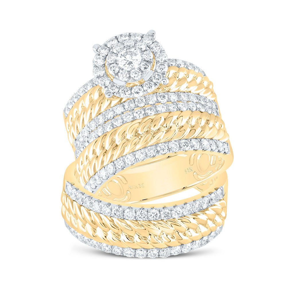 14kt Yellow Gold His Hers Round Diamond Halo Matching Bridal Wedding Ring Band Set 2.00 Cttw