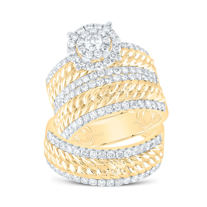 14kt Yellow Gold His Hers Round Diamond Halo Matching Bridal Wedding Ring Band Set 2.00 Cttw