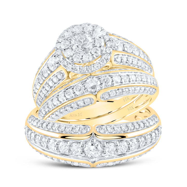 14kt Yellow Gold His Hers Round Diamond Halo Matching Bridal Wedding Ring Band Set 2-1/3 Cttw (Certified)