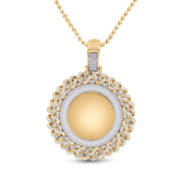 14kt Yellow Gold Mens Round Diamond Cuban Link Circle Picture Memory Pendant 3-1/4 Cttw