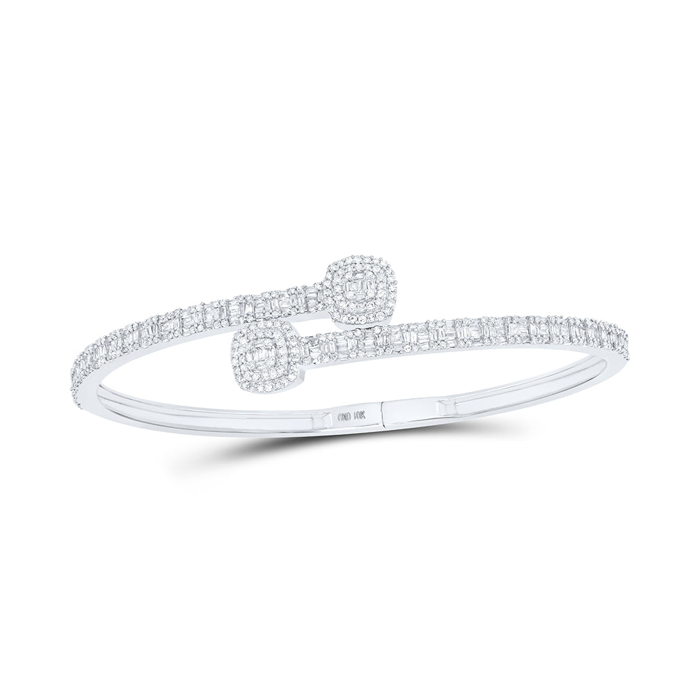 10kt White Gold Women's Baguette Diamond Cushion Bangle 1-5/8 ctw