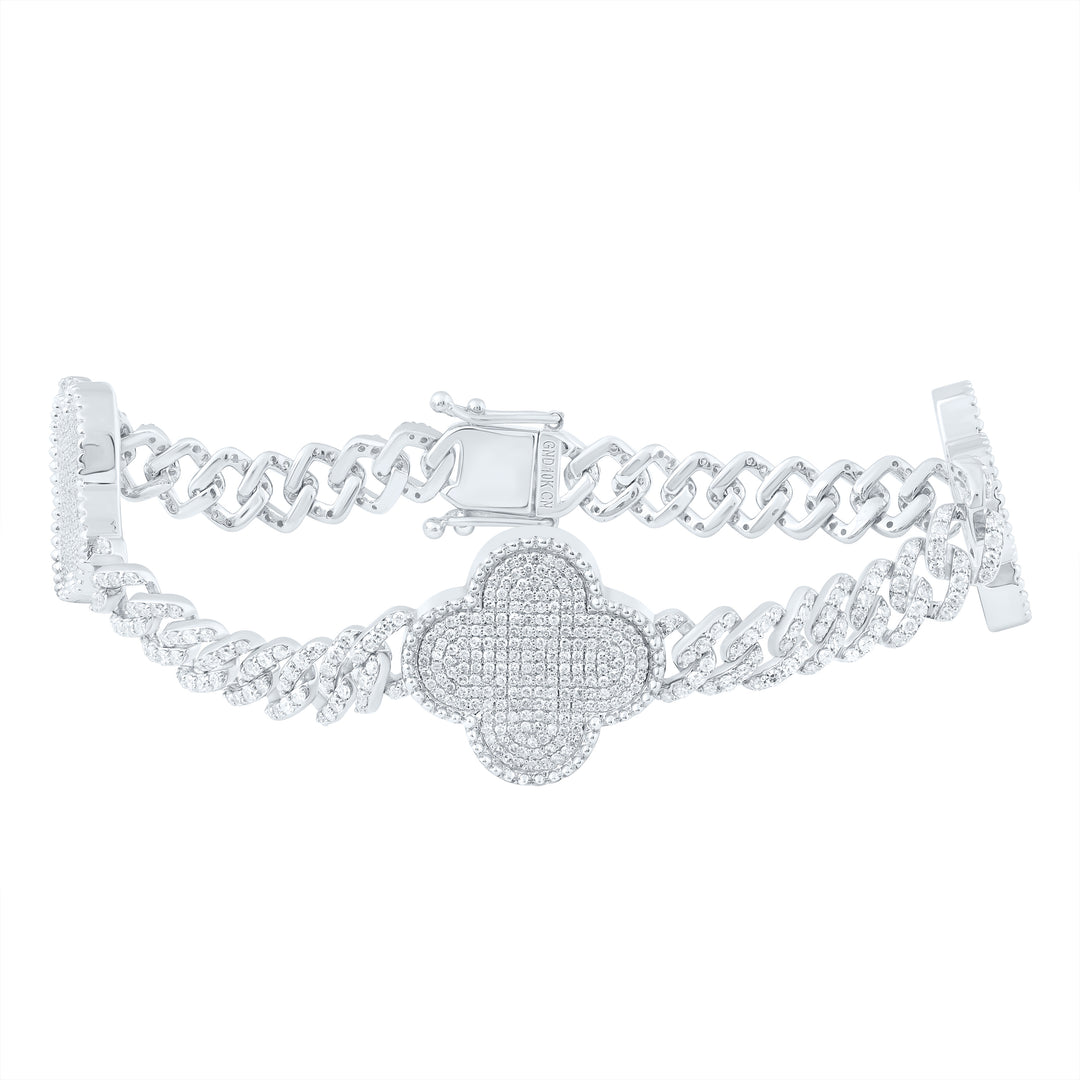 10kt White Gold Diamond Clover Cuban Link Bracelet 3 ctw