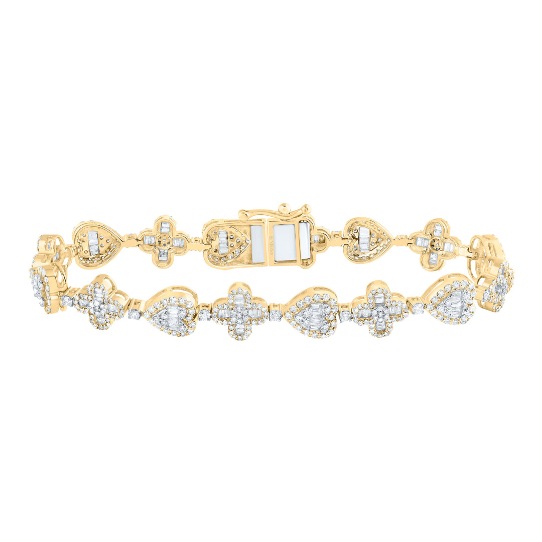 14kt Yellow Gold Women's Diamond Clover Heart Bracelet 3-1/5 ctw