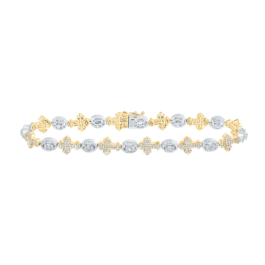 10K Yellow White Men's Diamond Cross Bracelet 2-5/8 ctw