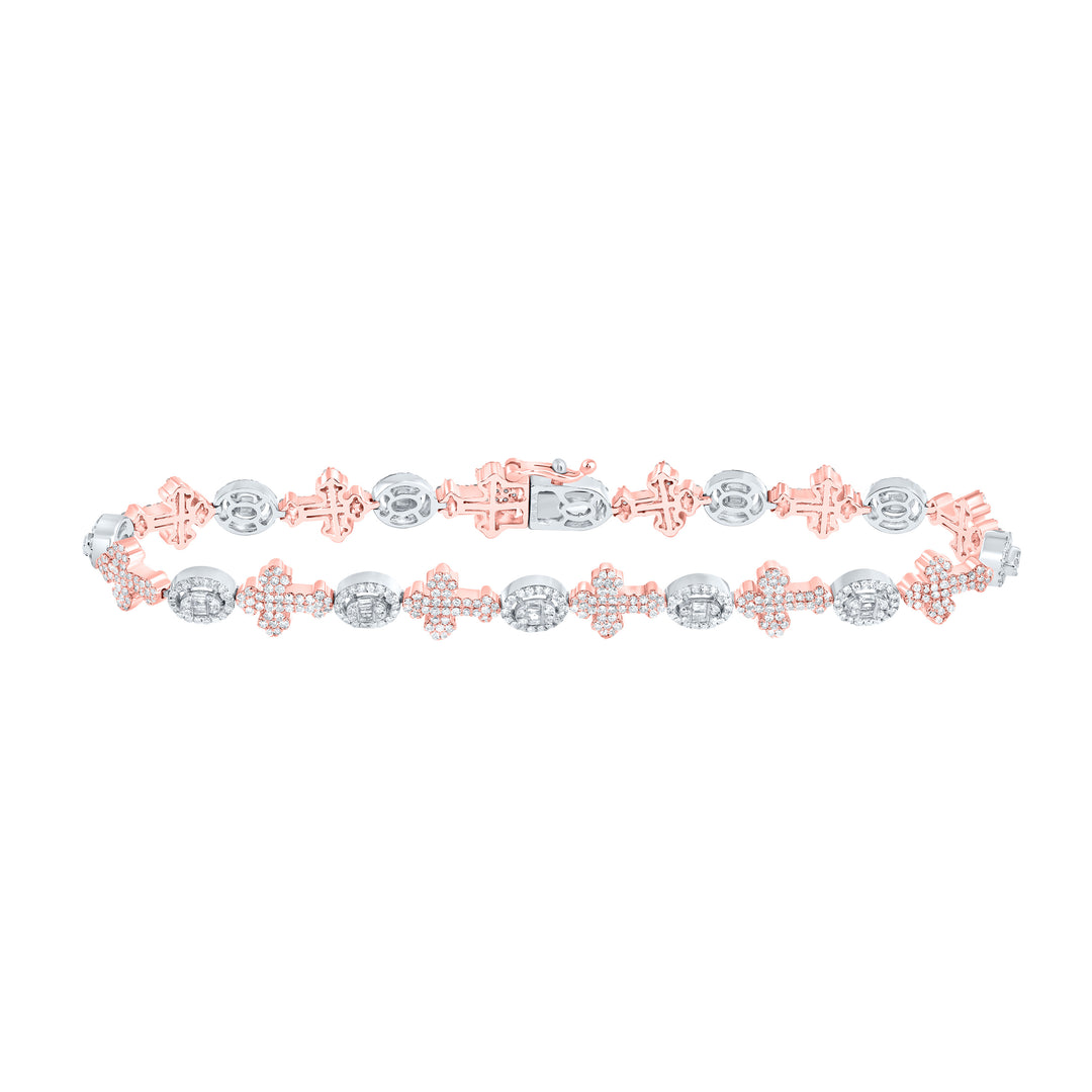 10K Rose White Men's Diamond Cross Bracelet 2-5/8 ctw