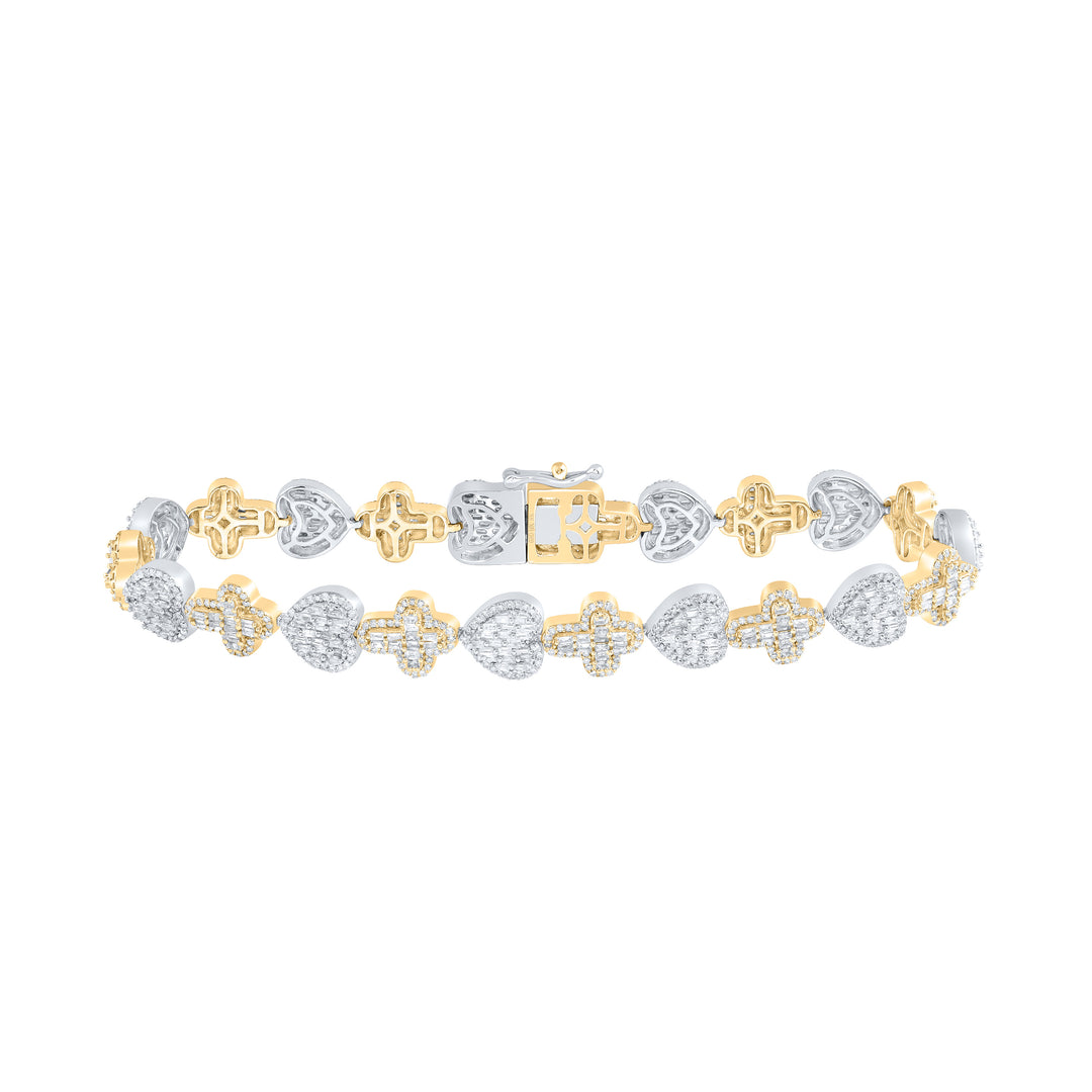 10K Yellow White Diamond Heart Cross Bracelet 3-1/2 ctw