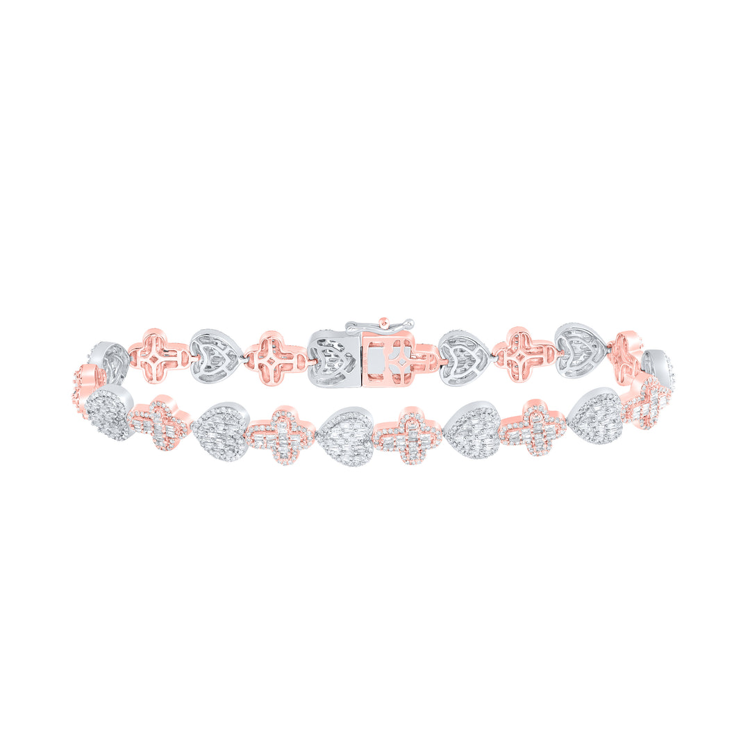 10K Rose White Diamond Heart Cross Bracelet 3-1/2 ctw