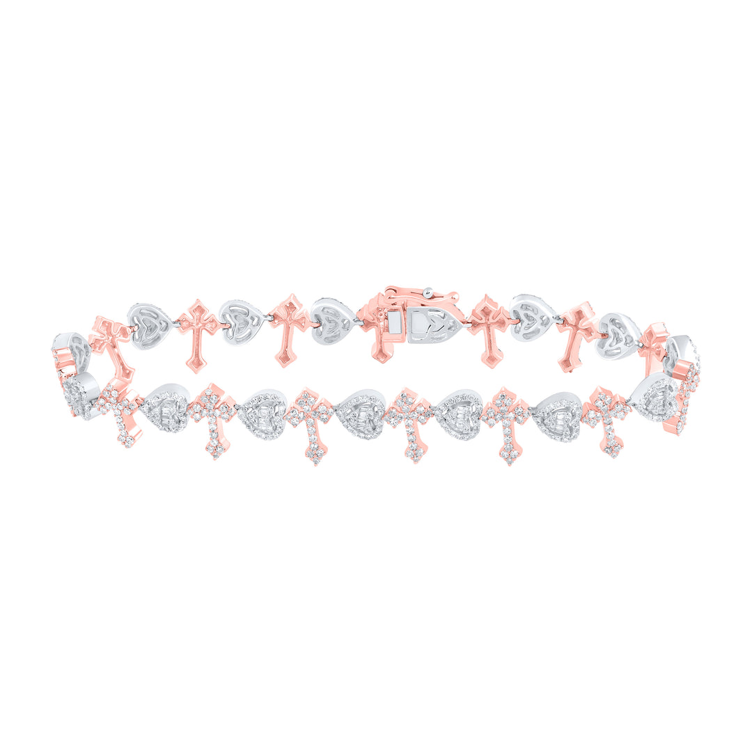 10K Rose White Diamond Heart Cross Bracelet 3 ctw