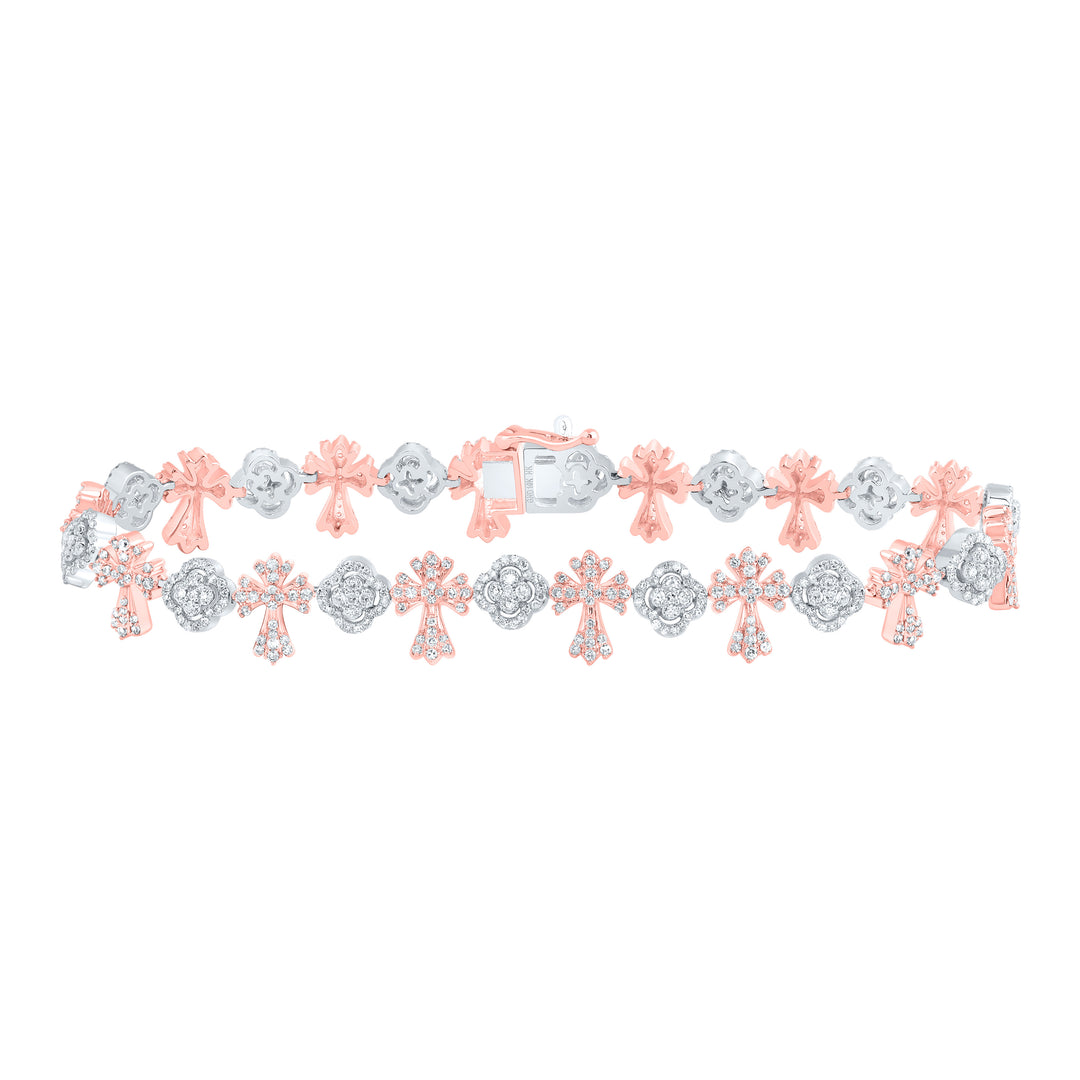 10K Rose White Diamond Clover Cross Bracelet 2-3/8 ctw