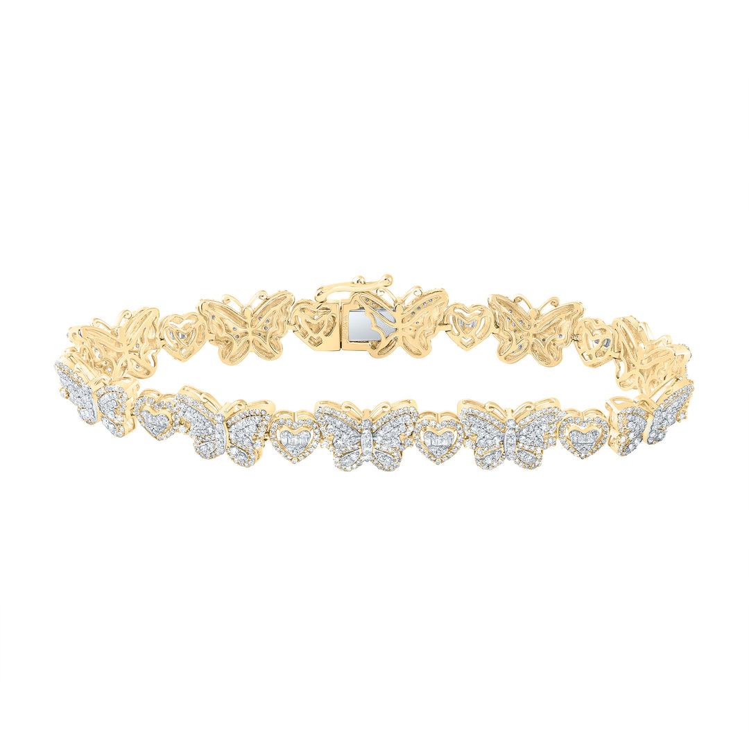 14kt Yellow Gold Women's Diamond Butterfly Heart Bracelet 3 ctw