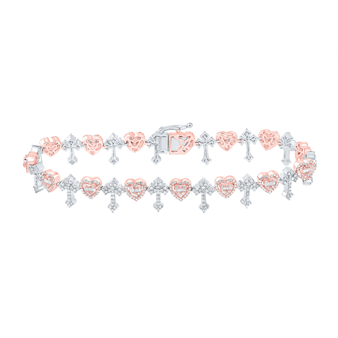10K Rose White Men's Diamond Heart Cross Bracelet 2-7/8 ctw