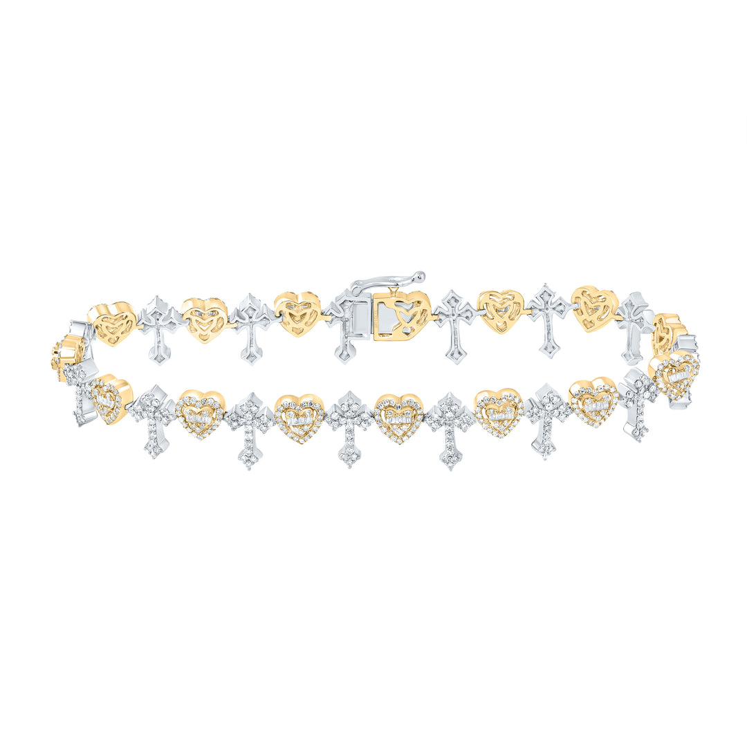 14K Yellow White Men's Diamond Heart Cross Bracelet 2-7/8 ctw