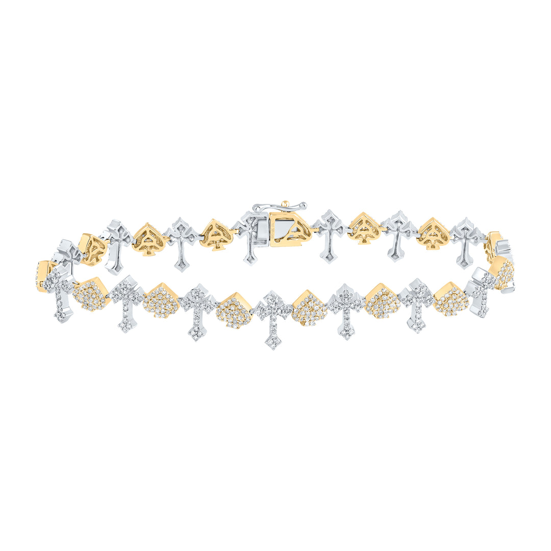 10K Yellow White Men's Diamond Cross Bracelet 2-5/8 ctw