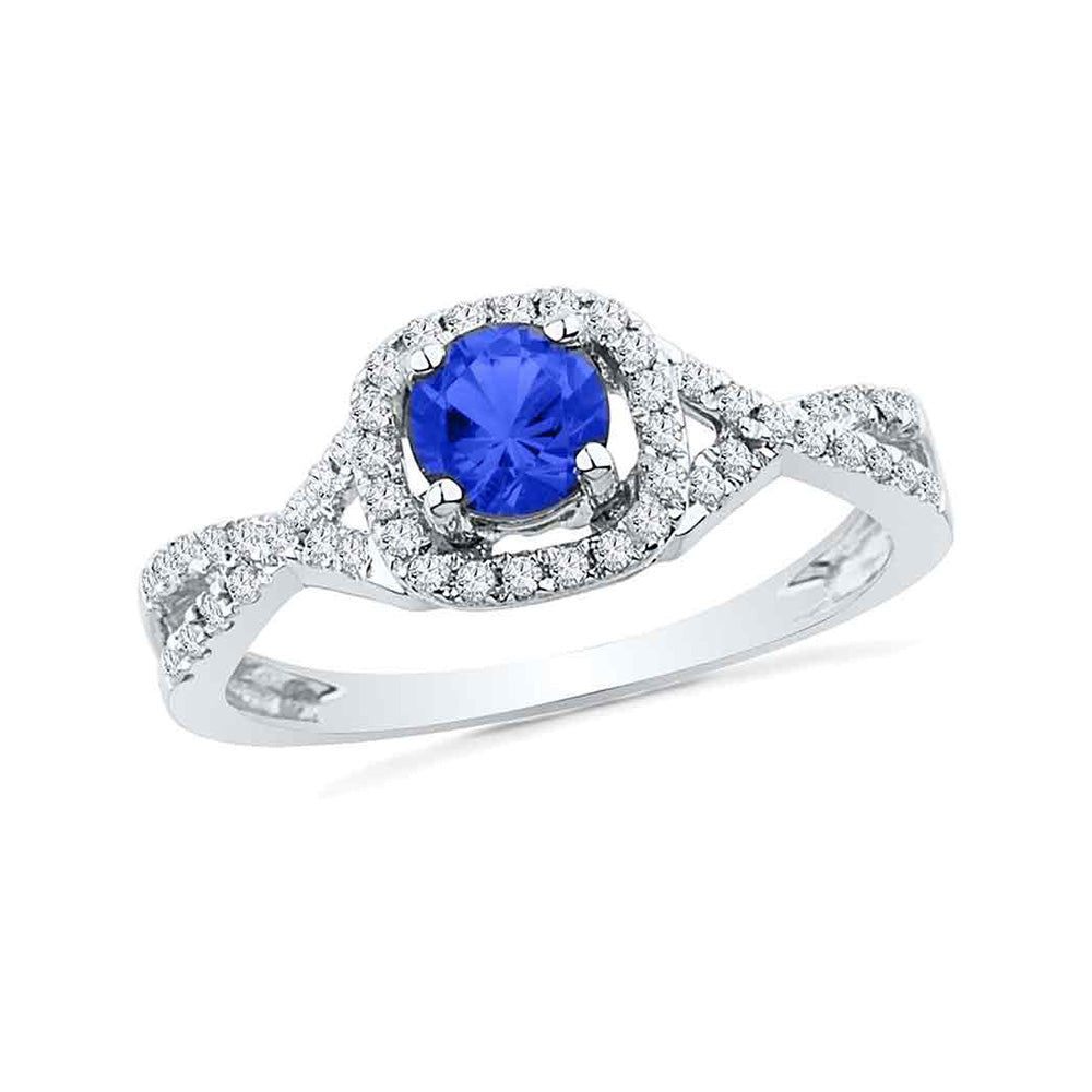 10kt White Gold Womens Round Lab-Created Blue Sapphire Solitaire Diamond Ring 1/5 Cttw