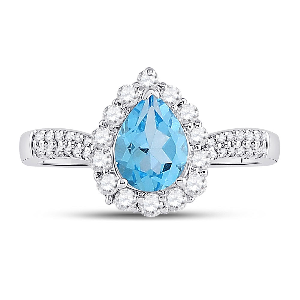 10kt White Gold Womens Pear Lab-Created Blue Topaz Solitaire Ring 2 Cttw