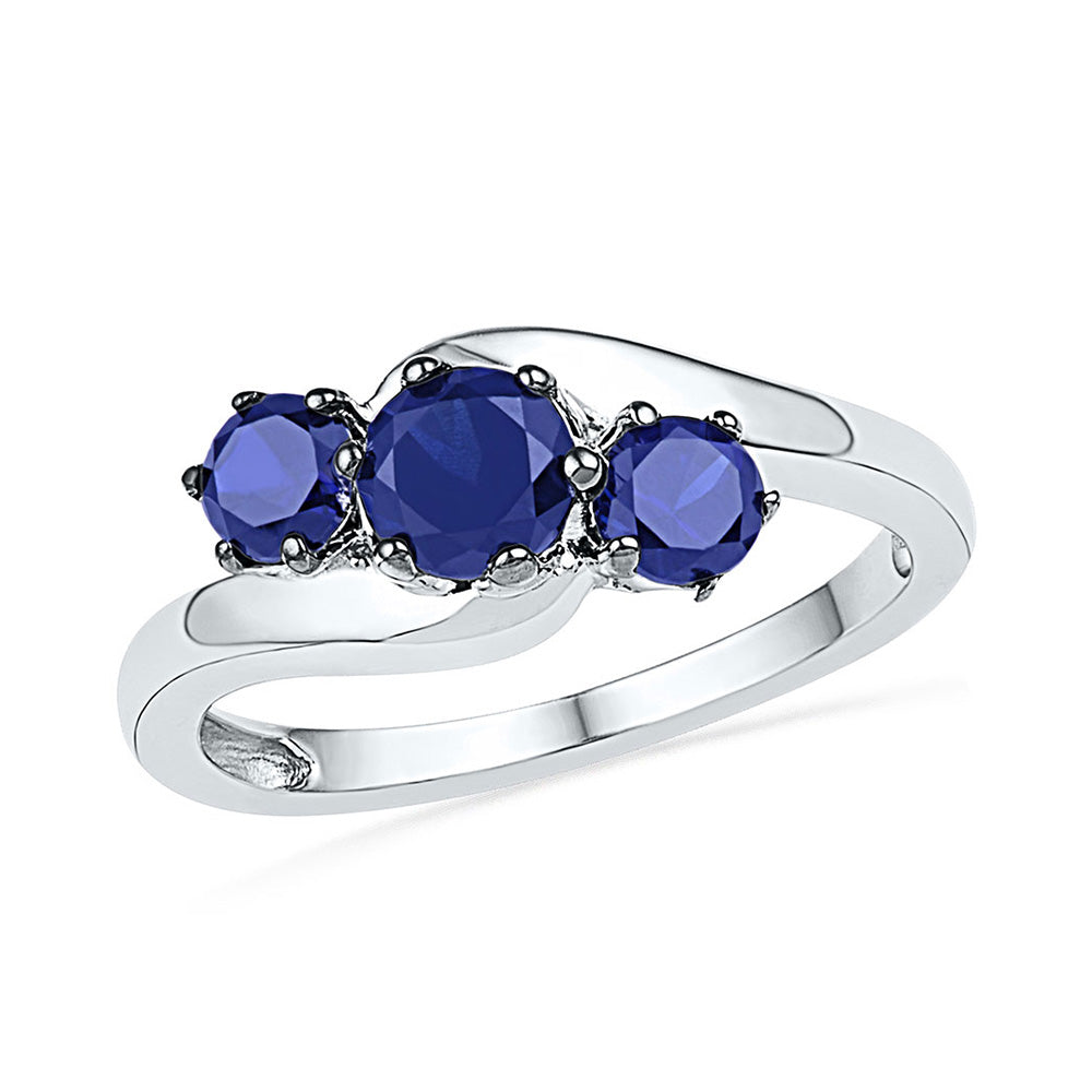 10kt White Gold Womens Round Lab-Created Blue Sapphire 3-stone Ring 1-1/2 Cttw