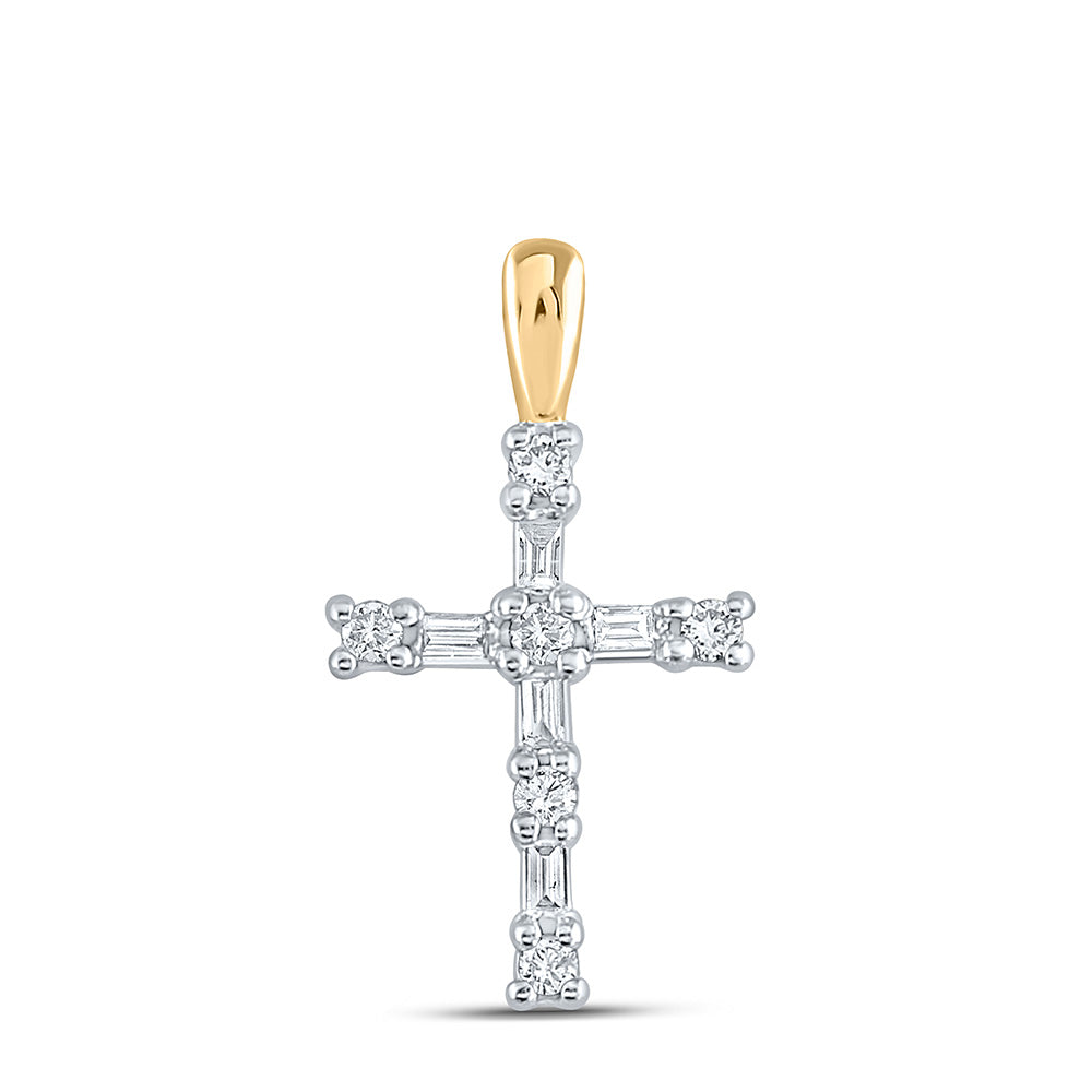 10kt Yellow Gold Womens Round Baguette Diamond Cross Pendant 1/4 Cttw