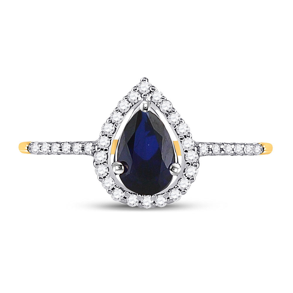 10kt Yellow Gold Womens Pear Lab-Created Blue Sapphire Teardrop Ring 1 Cttw