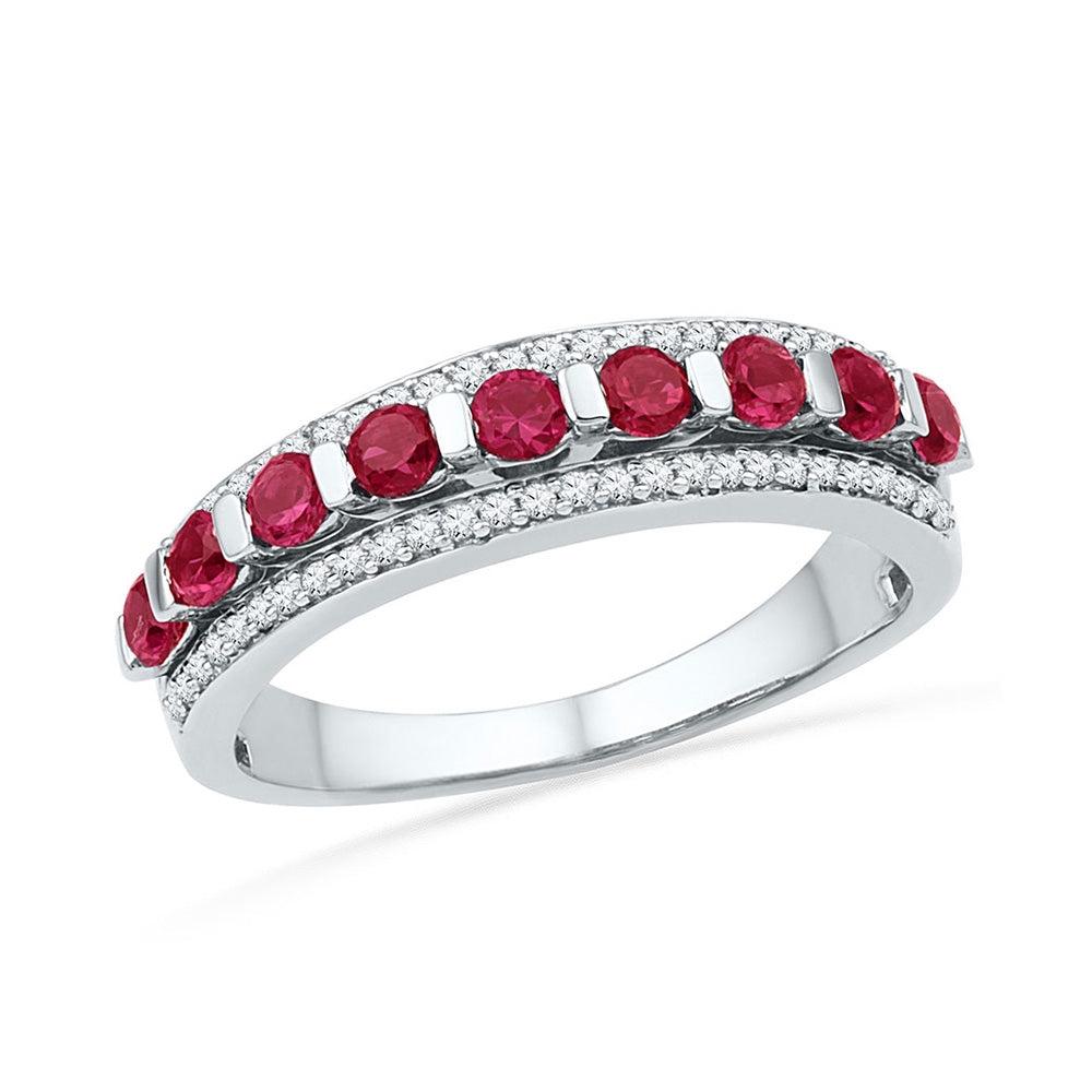 10kt White Gold Womens Round Lab-Created Ruby Diamond Band Ring 1 Cttw