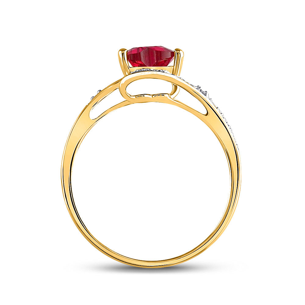 10kt Yellow Gold Womens Heart Lab-Created Ruby Solitaire Diamond-accent Bypass Ring 1 Cttw