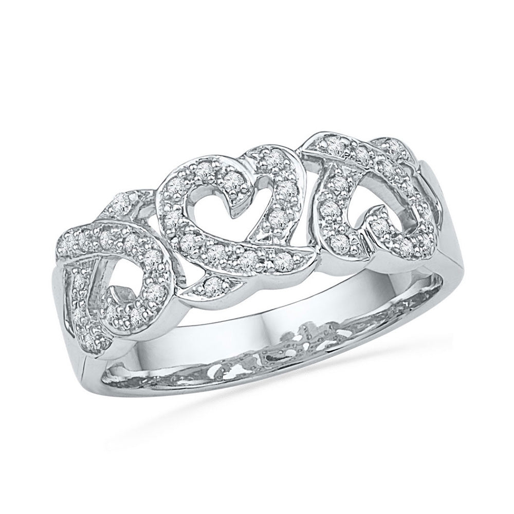 10kt White Gold Womens Round Diamond Triple Heart Band Ring 1/5 Cttw