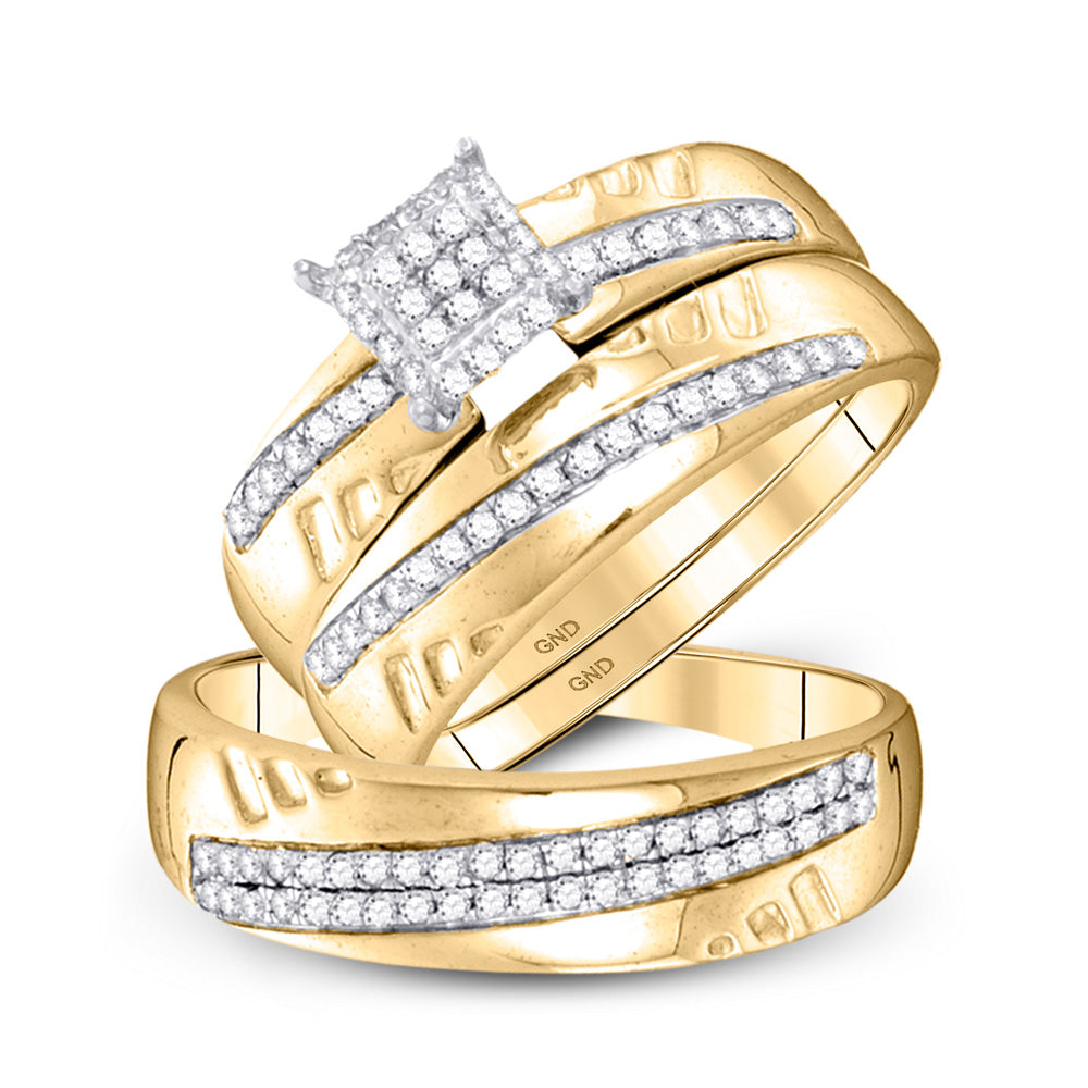 10kt Yellow Gold His Hers Round Diamond Square Matching Wedding Set 1/2 Cttw