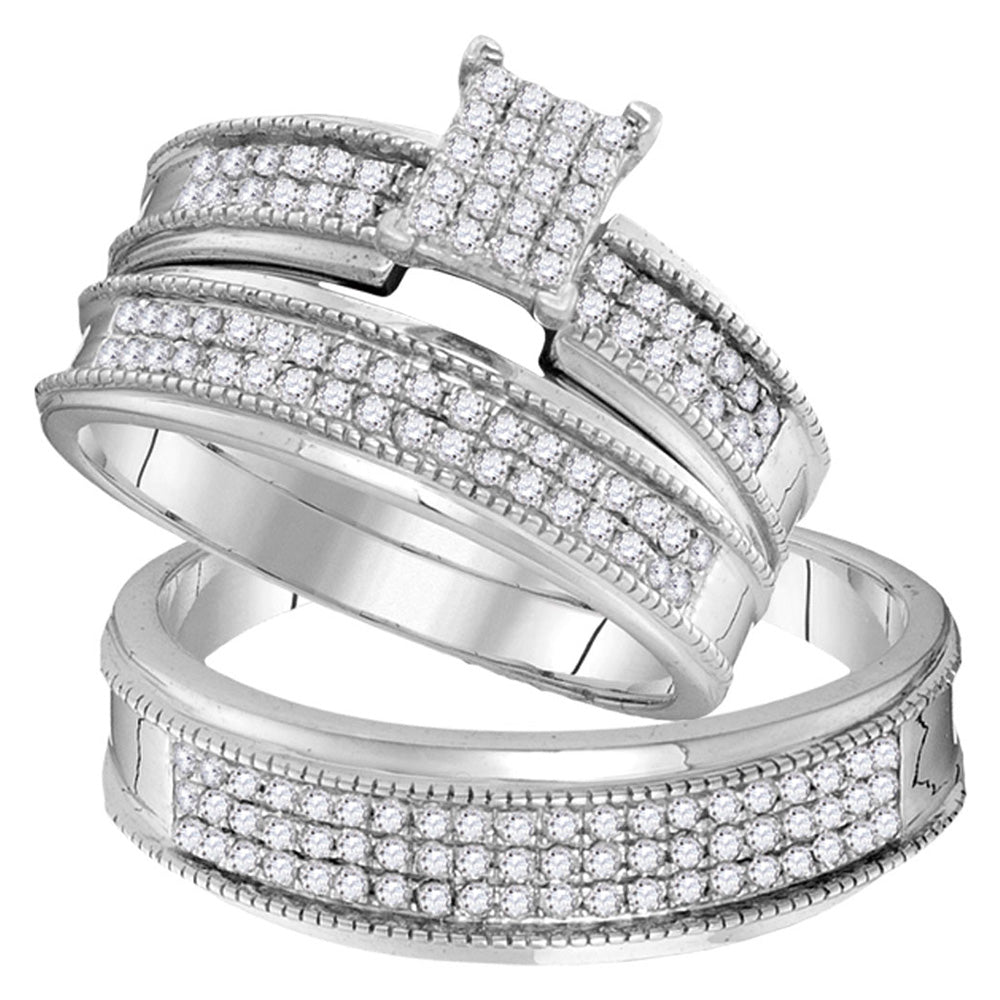 10kt White Gold His Hers Round Diamond Cluster Matching Wedding Set 3/4 Cttw