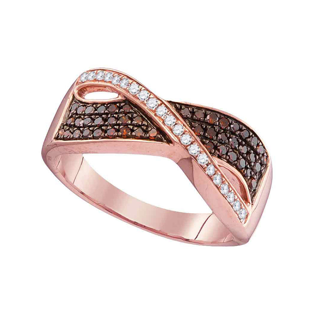 10kt Rose Gold Womens Round Red Color Enhanced Diamond Crossover Band Ring 1/3 Cttw