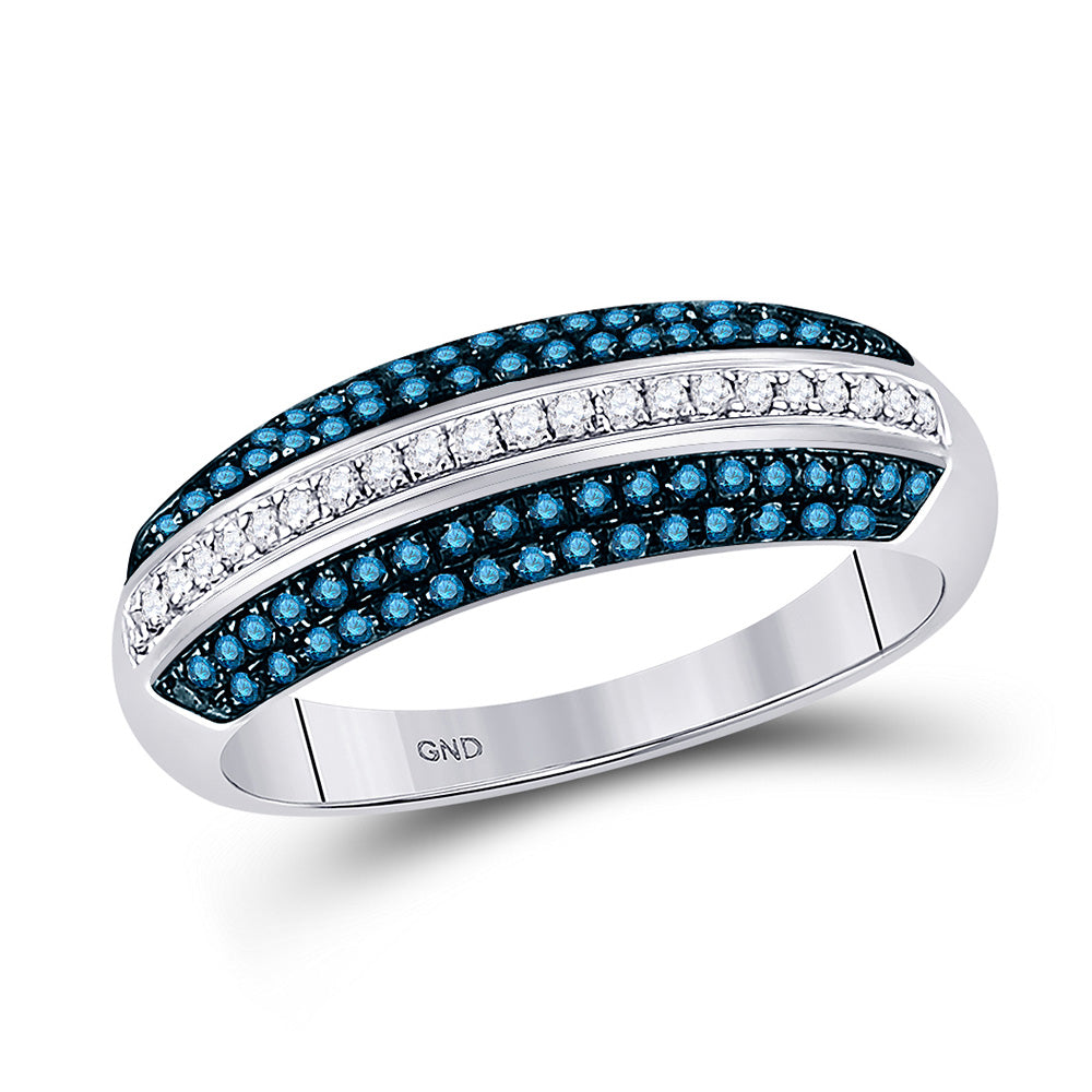 10kt White Gold Womens Round Blue Color Enhanced Diamond Striped Band Ring 1/2 Cttw