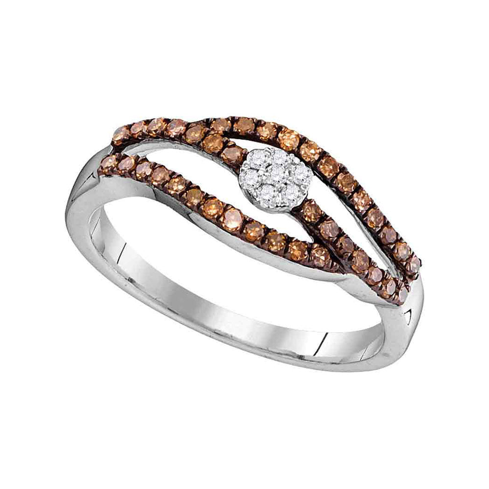 10kt White Gold Womens Round Brown Diamond Strand Cluster Ring 1/3 Cttw