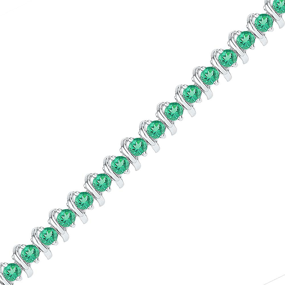Sterling Silver Womens Round Lab-Created Emerald Tennis Bracelet 6-1/2 Cttw