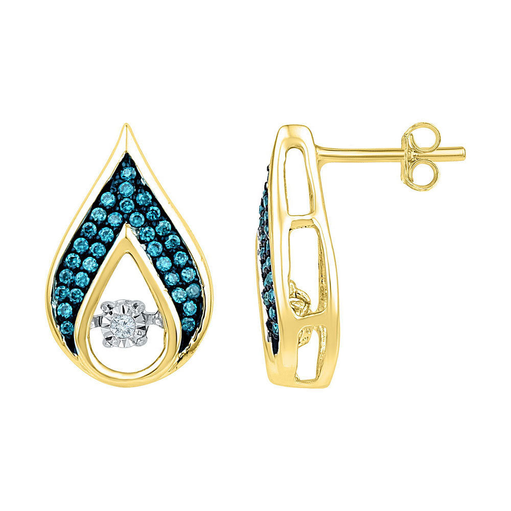 10kt Yellow Gold Womens Round Blue Color Enhanced Diamond Teardrop Earrings 1/4 Cttw