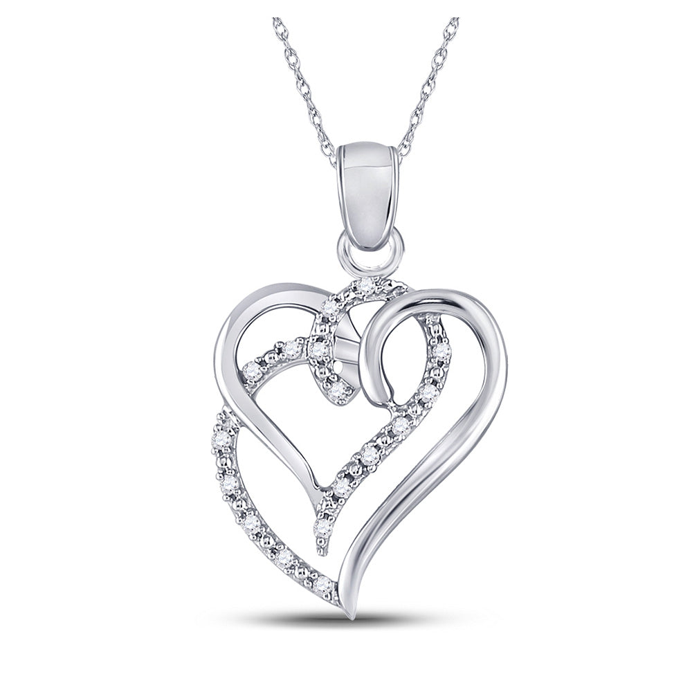 Sterling Silver Womens Round Diamond Double Heart Pendant 1/10 Cttw