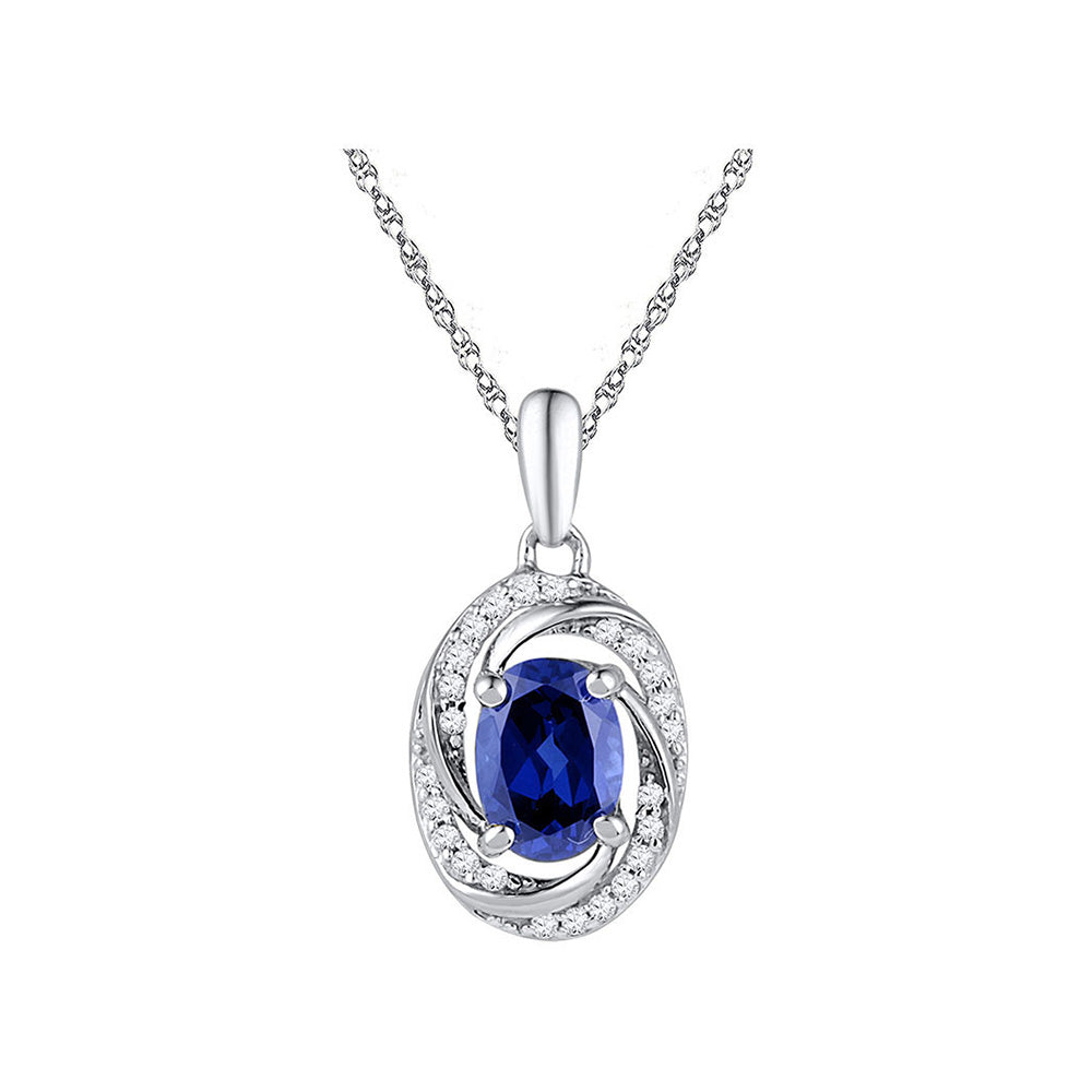 10kt White Gold Womens Oval Lab-Created Blue Sapphire Solitaire Diamond Pendant 1-1/3 Cttw