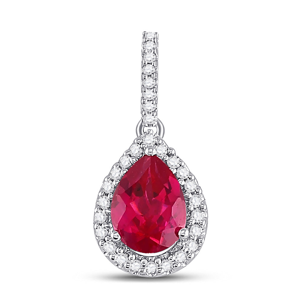 10kt White Gold Womens Pear Lab-Created Ruby Solitaire Diamond Frame Pendant 1-7/8 Cttw