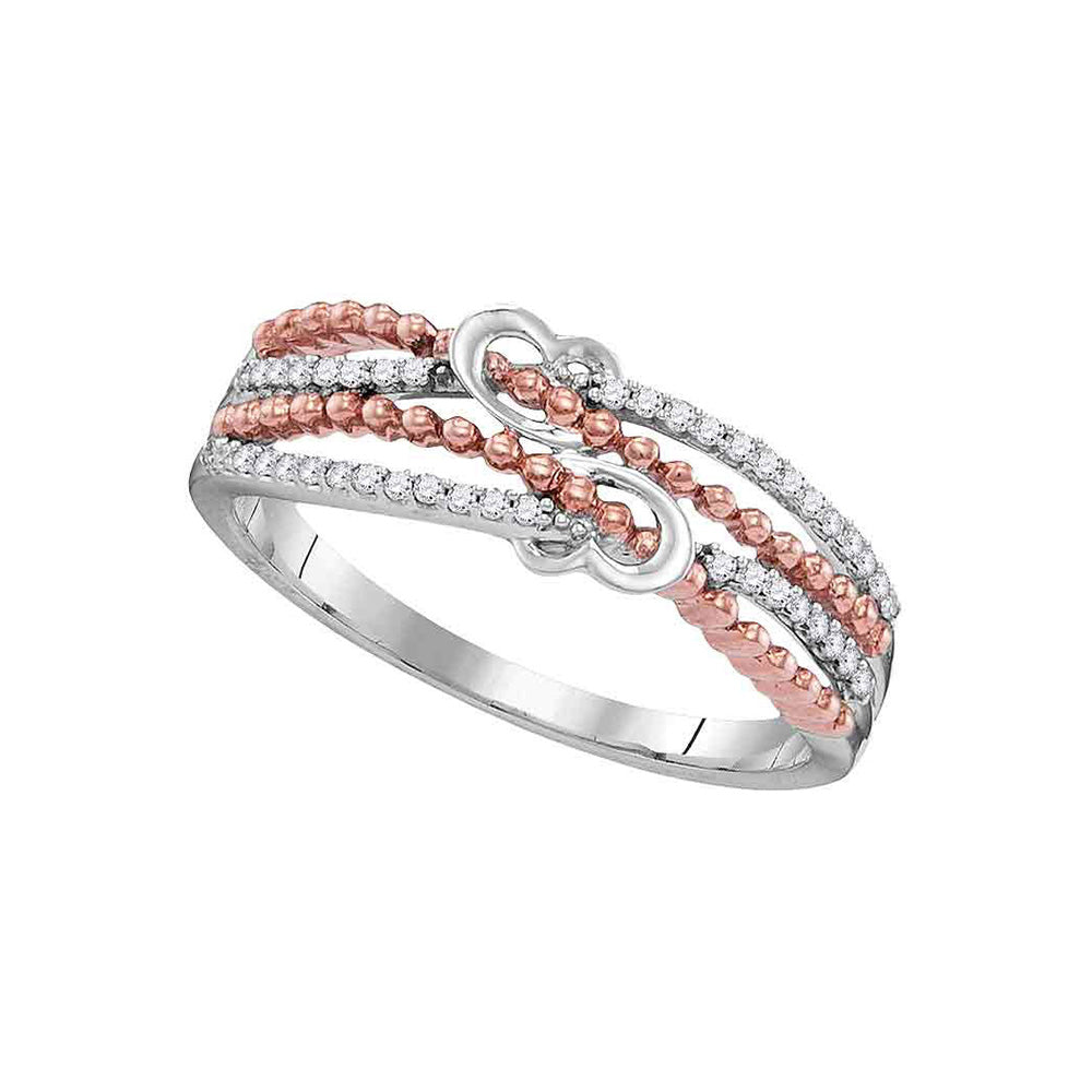 10kt White Gold Womens Round Diamond Heart Roped 2-tone Rose Band Ring 1/8 Cttw