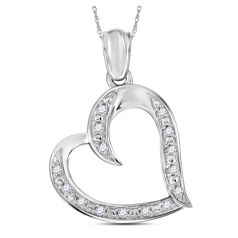 Sterling Silver Womens Round Diamond Heart Pendant 1/10 Cttw