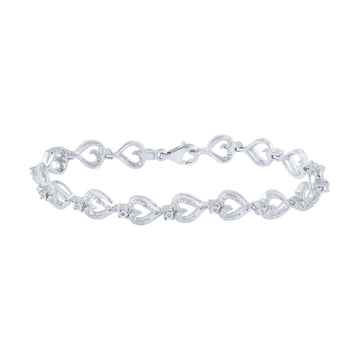 Sterling Silver Womens Round Diamond Heart Bracelet 1/10 Cttw